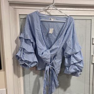 Say What? Blue and White Striped Ruffle Blouse